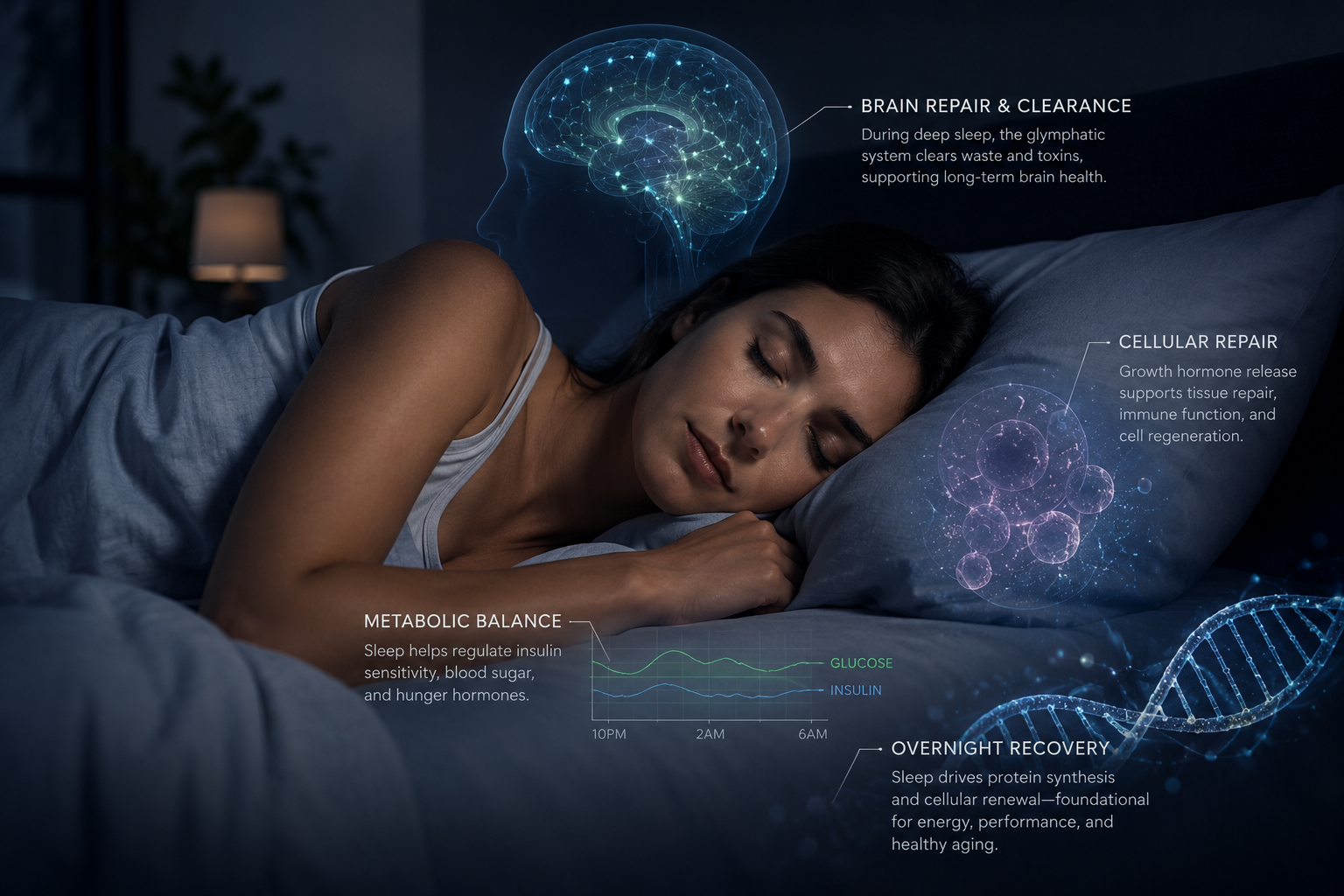 Person sleeping while biological repair processes are illustrated through subtle brain and metabolic activity overlays.