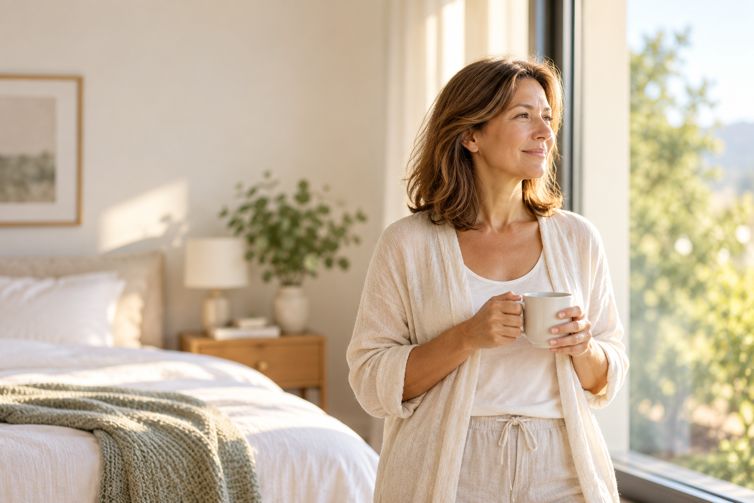 Woman enjoying a peaceful morning beside a sunlit bedroom window